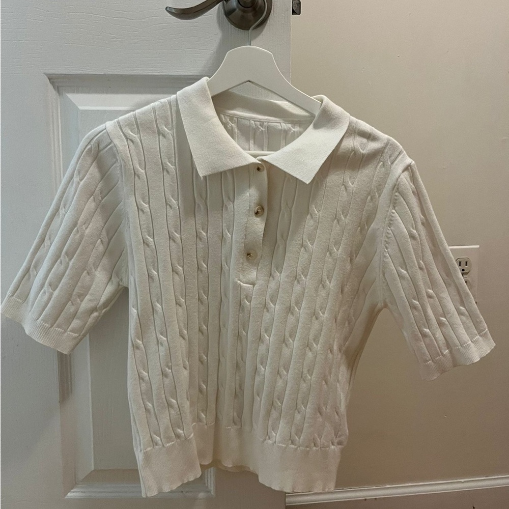 Kids White Cable Knit Polo Shirt